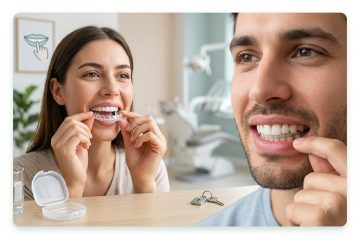 A side-by-side comparison of orthodontic retainers showing a woman inserting a clear plastic retainer and a man displaying a fixed bonded retainer behind his teeth in a dental clinic setting.