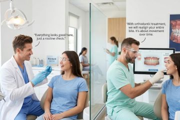 Side by side comparison of a routine dentist check up and a specialist orthodontic consultation, with an orthodontist explaining a digital treatment plan to a patient.