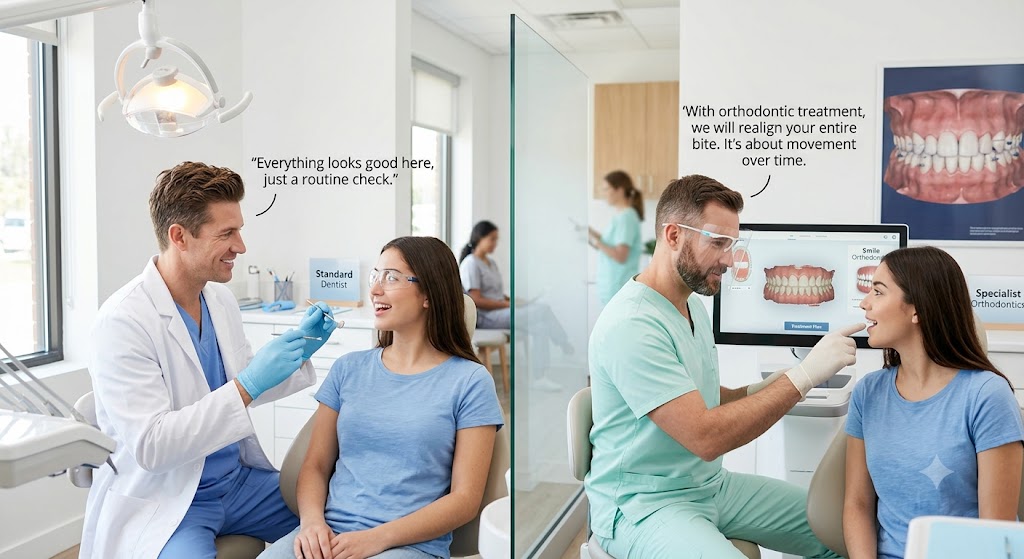 Side by side comparison of a routine dentist check up and a specialist orthodontic consultation, with an orthodontist explaining a digital treatment plan to a patient.