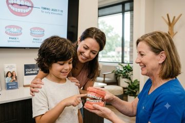 Family attending an orthodontic assessment to learn about the right age for teeth straightening treatment.