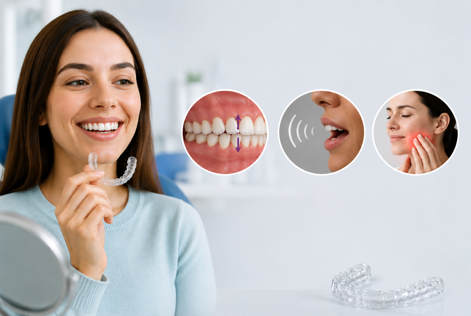 Smiling patient holding a clear aligner with visual illustrations highlighting improved bite alignment, clearer speech, and enhanced jaw comfort through orthodontic treatment.