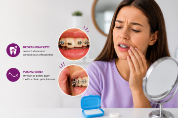 Patient with braces experiencing orthodontic discomfort while checking a broken bracket and poking wire, with close-up illustrations showing common braces emergencies and orthodontic wax for temporary relief.