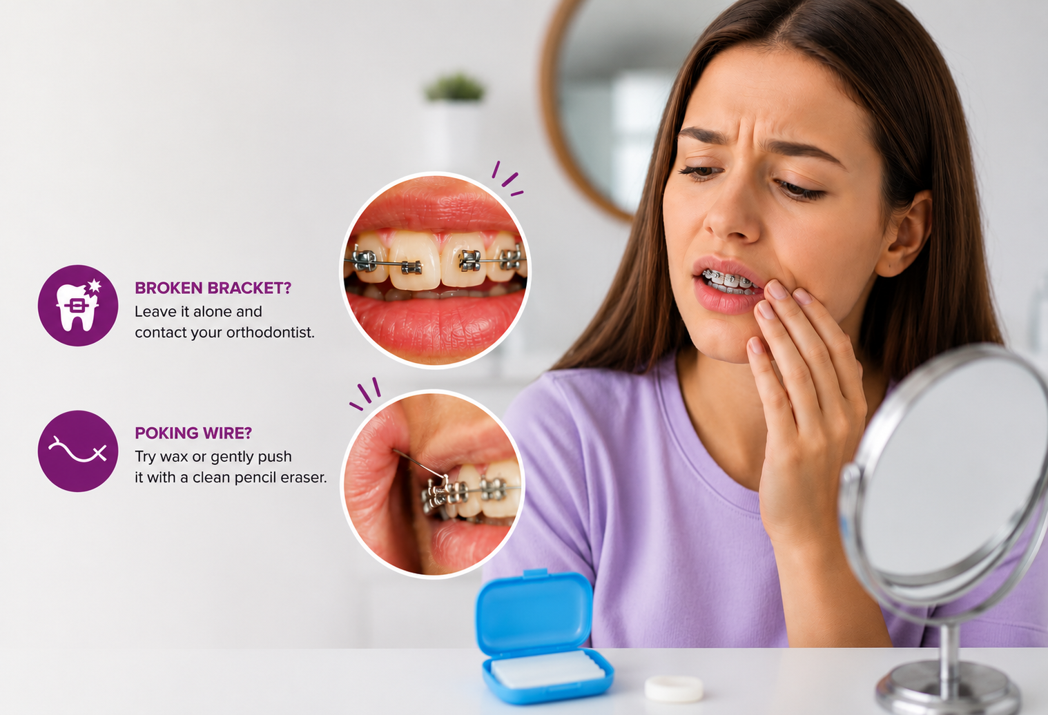 Patient with braces experiencing orthodontic discomfort while checking a broken bracket and poking wire, with close-up illustrations showing common braces emergencies and orthodontic wax for temporary relief.