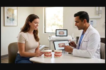 Dentist explaining teeth alignment and orthodontic treatment options to a patient using dental models and digital scans.