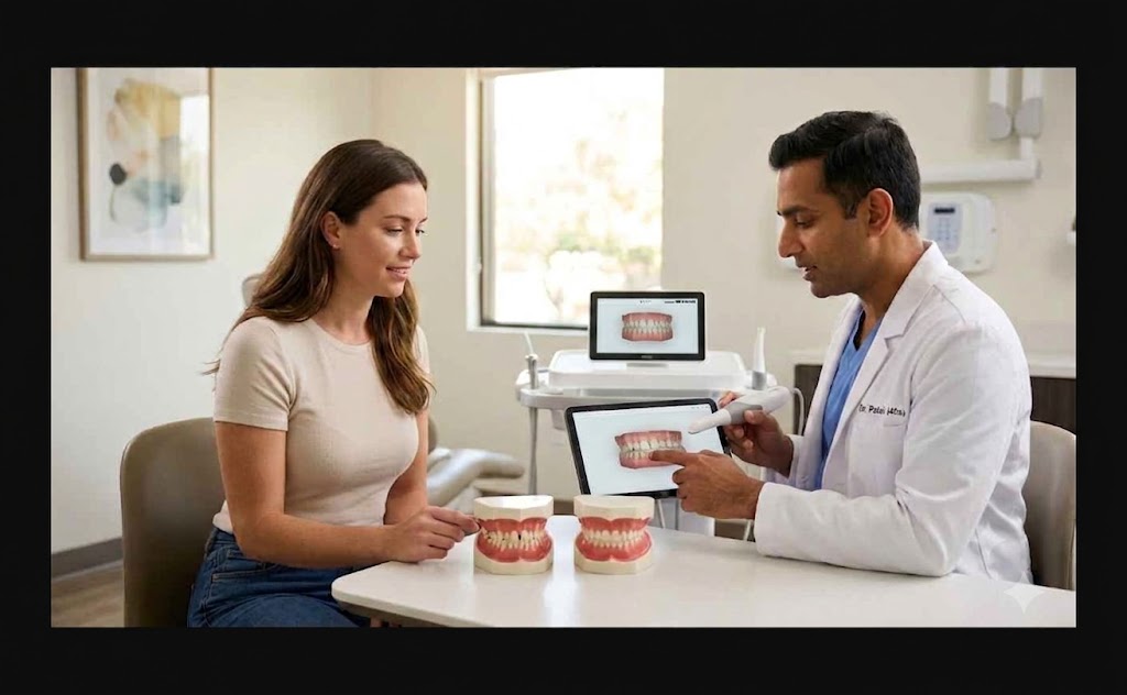 Dentist explaining teeth alignment and orthodontic treatment options to a patient using dental models and digital scans.
