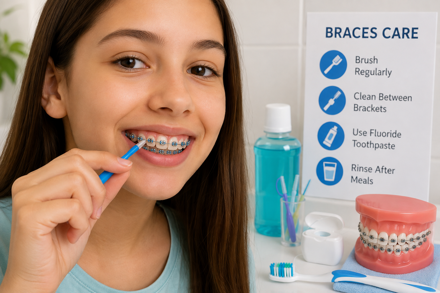 Smiling teenager using an interdental brush to clean her fixed metal braces, beside a braces care guide covering brushing, cleaning between brackets, fluoride toothpaste and rinsing after meals.
