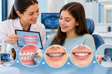 Orthodontist talking a teenage patient with fixed braces through the stages of treatment, from consultation and X‑ray to brace fitting, progress and retainer.