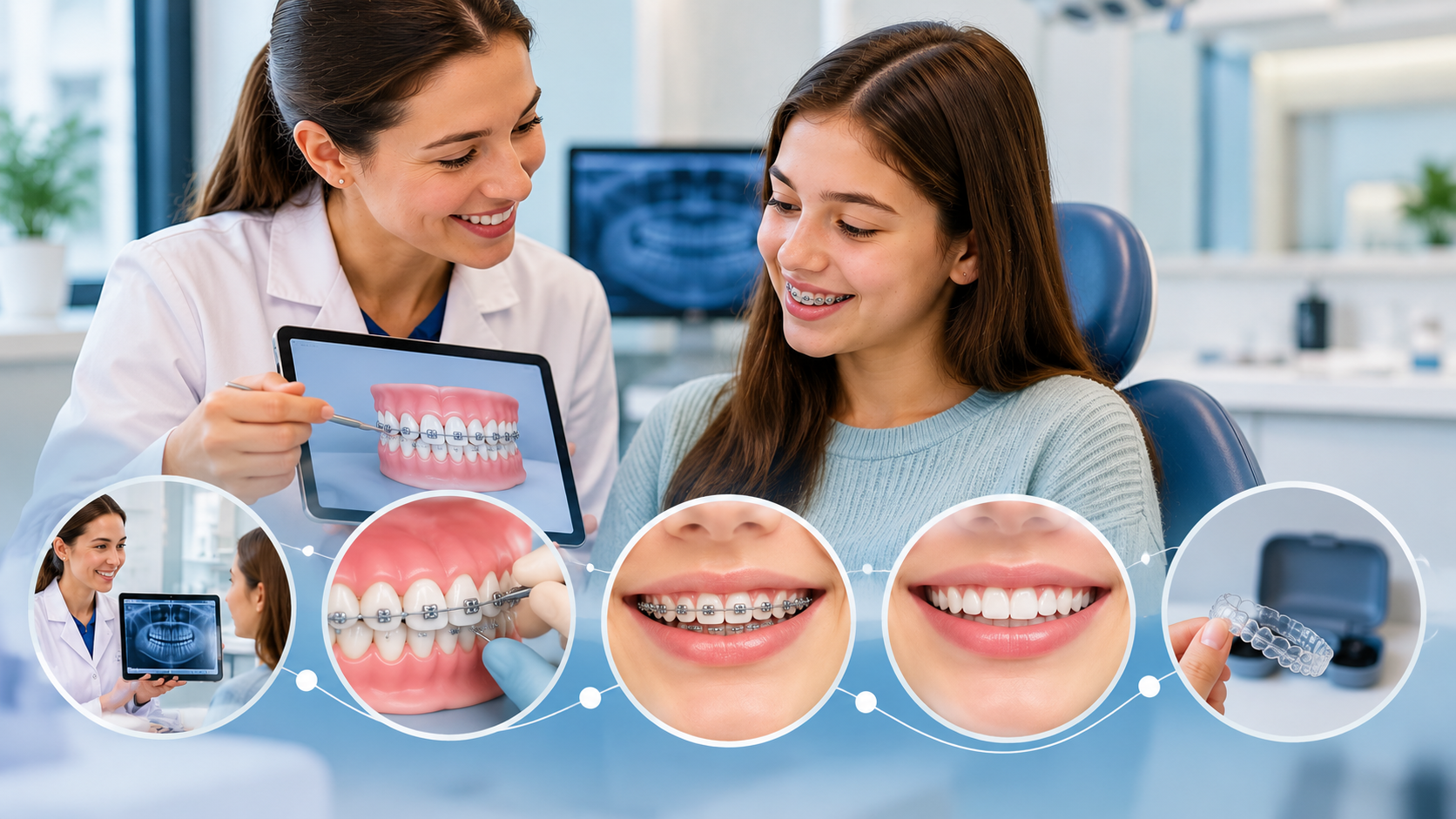 Orthodontist talking a teenage patient with fixed braces through the stages of treatment, from consultation and X‑ray to brace fitting, progress and retainer.