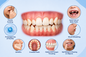 Close-up of misaligned teeth surrounded by labelled causes of orthodontic problems, including thumb sucking, prolonged dummy use, genetics, crowded teeth, tongue thrusting, early loss of baby teeth, mouth breathing and nail biting.