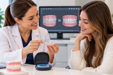 Orthodontist showing a patient a clear aligner, with a digital scan on screen illustrating planned tooth movement during Invisalign treatment.
