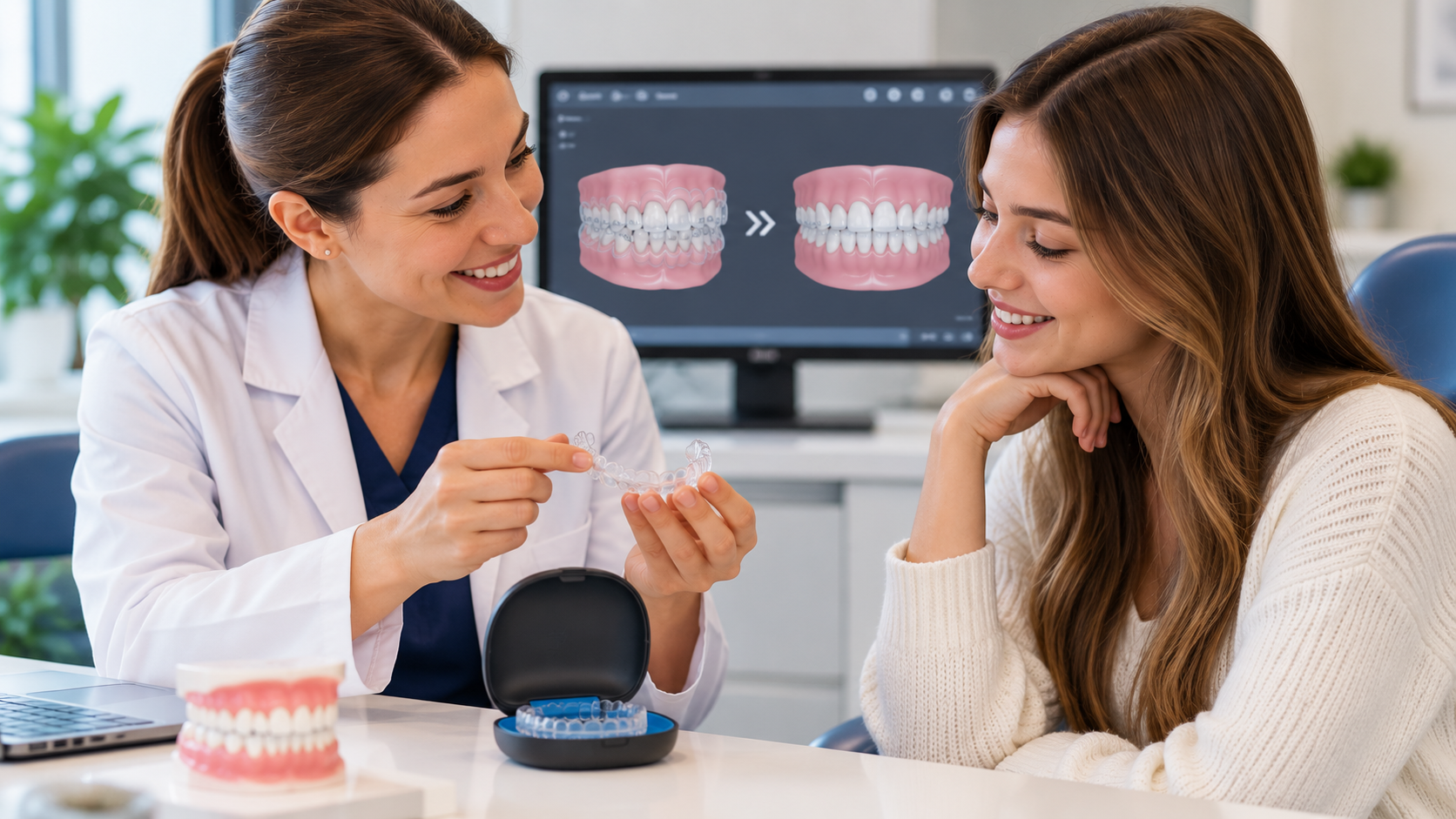 Orthodontist showing a patient a clear aligner, with a digital scan on screen illustrating planned tooth movement during Invisalign treatment.