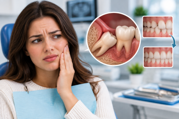 Woman in a dental chair holding her cheek, with an illustration of an impacted wisdom tooth and close ups of crowded front teeth alongside straighter teeth.