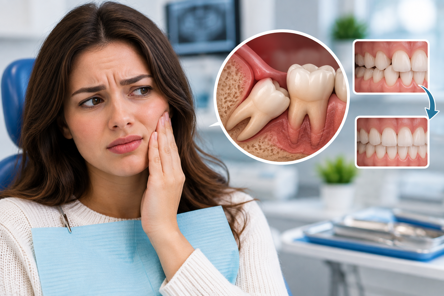 Woman in a dental chair holding her cheek, with an illustration of an impacted wisdom tooth and close ups of crowded front teeth alongside straighter teeth.